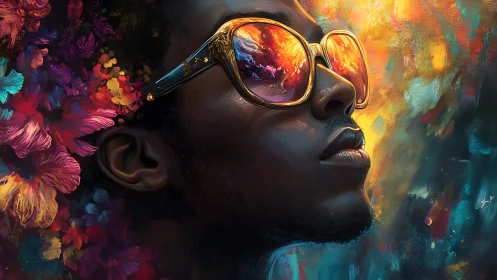 Portrait of reflective sunglasses within vibrant neon bloom