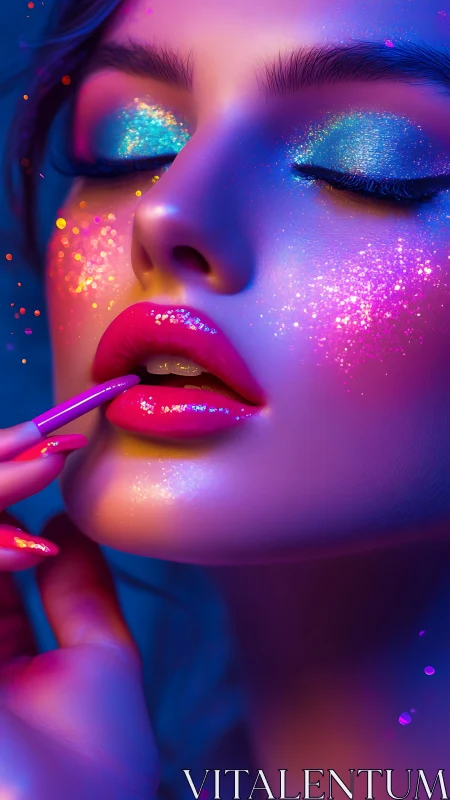 Neon glam close-up renders iridescent makeup and glossy lips