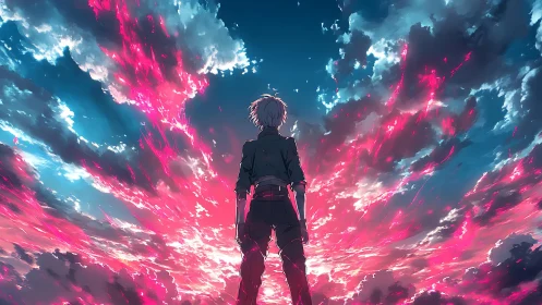 Backlit figure under chromatic skyburst cloud dynamics.