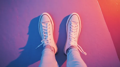 White canvas sneakers under contrasting neon gradient lighting