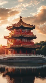 Multi tier Chinese pavilion by lakeside under sunset sky.