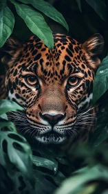 Jaguar head framed by dense green foliage in close view.