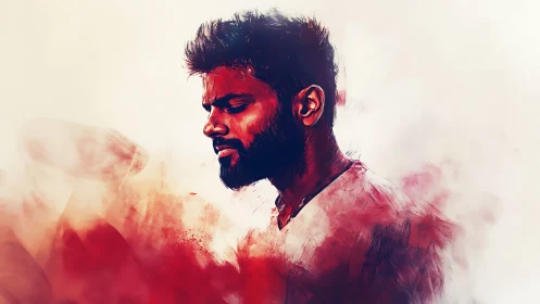 Quiet strength in a dreamy red portrait of calm focus.