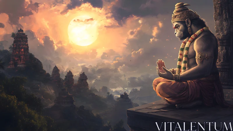 Monkey-headed deity meditates above sunlit temple valley