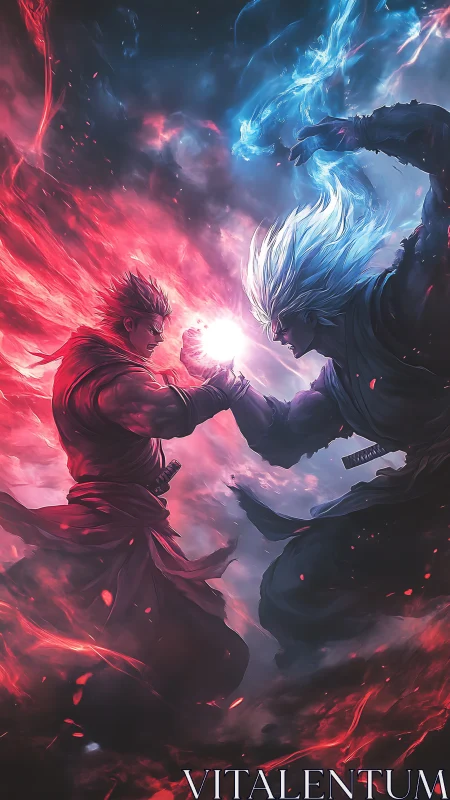 Blazing warriors clash as fire and ice powers collide in sky