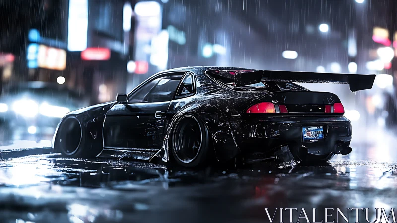 Modified black sports car stands in wet neon city street