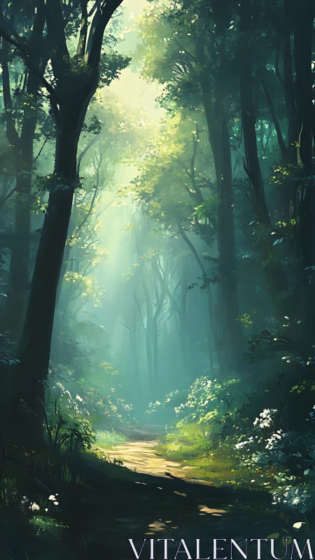 Sunlit forest path with towering trees and green undergrowth.