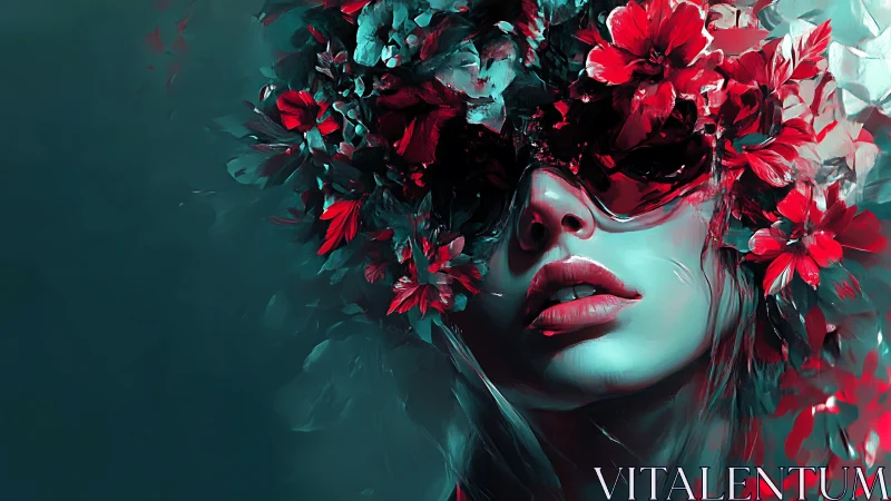 Digital portrait with floral visor and neon teal shading.