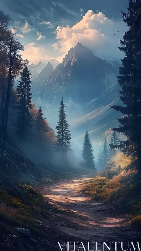 Atmospheric alpine valley path with volumetric dawn lighting.