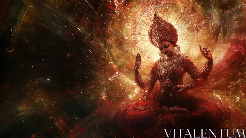 Celestial goddess meditates within radiant cosmic vortex.