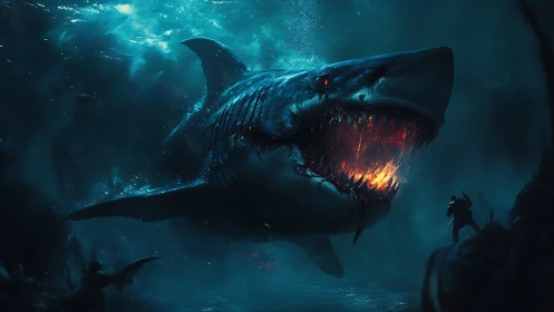Colossal infernal shark lunges through abyssal water toward diver