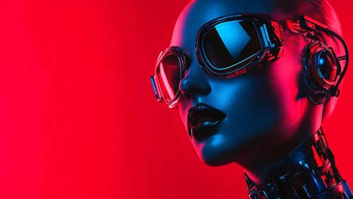 Synthetic humanoid head displays cybernetic eyewear and headset