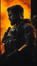 Brooding soldier framed by blazing orange battlefield glow.