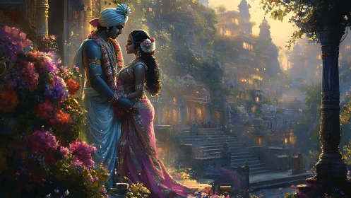 Divine lovers embrace in luminous mythic palace garden.