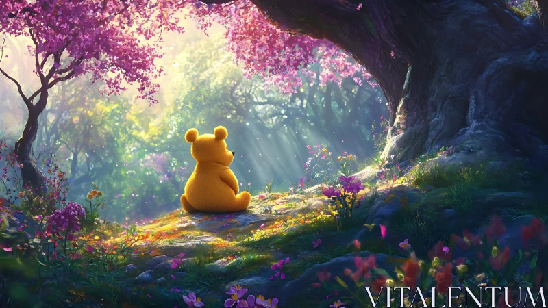 Honey-colored bear dreaming under flowering forest arches.