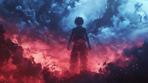 Silhouetted figure amid red and blue storm clouds formation.