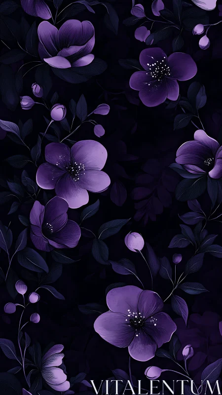 Purple Nocturnal Blooms Against Deep Black Background.