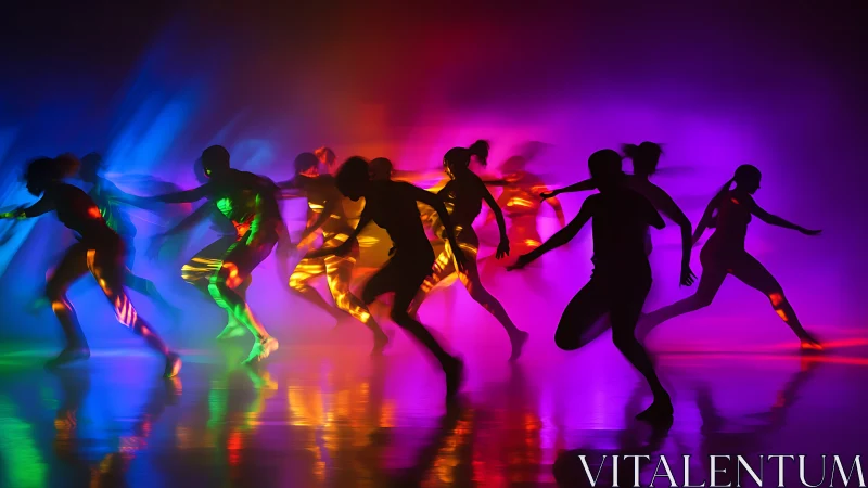Multiple silhouetted figures move through colored stage lighting