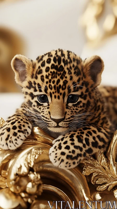 Leopard cub rests atop ornate baroque gold carving.