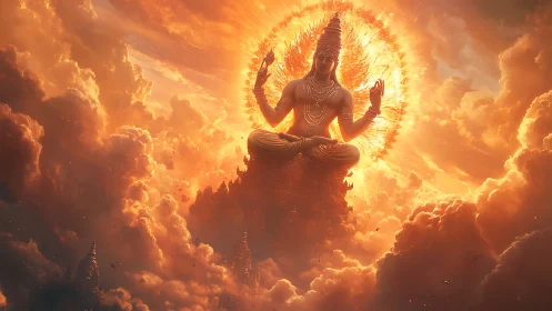 Radiant celestial deity seated above blazing cloud kingdom