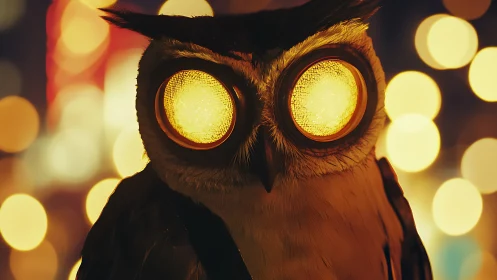 Neon-eyed night owl patrols a glowing cyberpunk skyline.