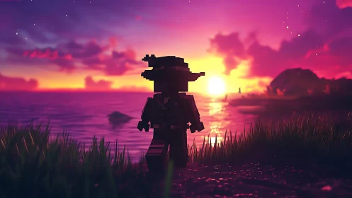 Voxel wanderer at neon coastal sunset in 3D cinematic style.