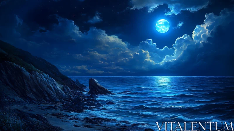 Full moon illuminates rocky coastline and rippling sea