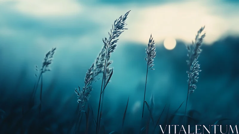 Blue dusk meadow grasses with soft bokeh horizon glow.