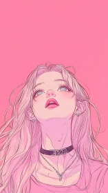 High-contrast pink portrait of girl in choker, low viewpoint