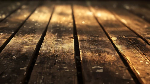 Weathered wooden planks under warm cinematic sunlight.