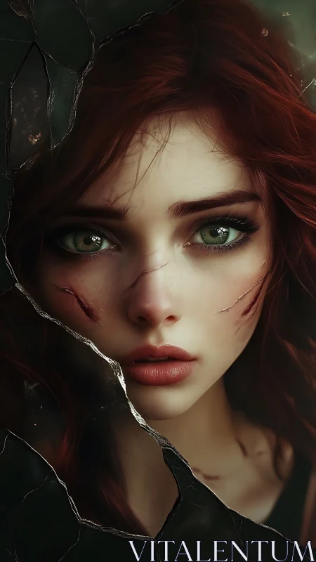 Fractured portrait of scarred red‑haired woman, hyperreal detail.