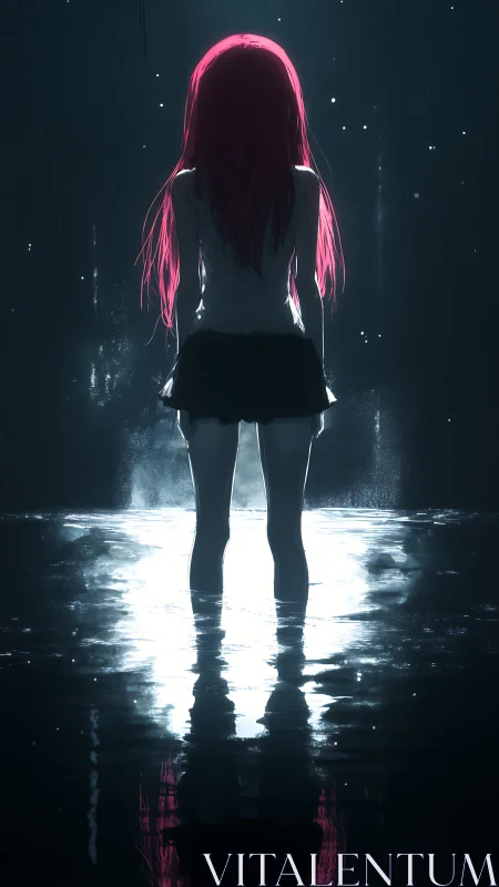 Solitary anime girl stands in glowing midnight water, reflecting
