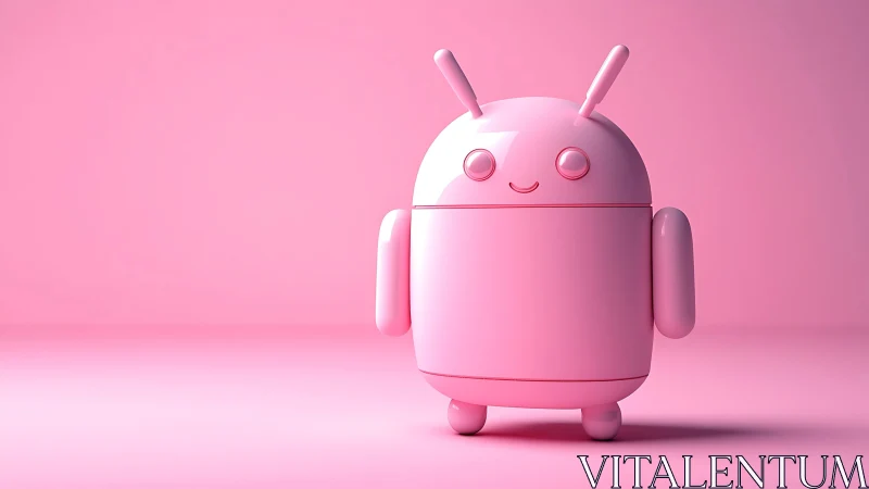 Pink glossy robot figure stands centered on monochrome background
