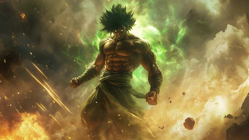 Muscular green-haired warrior amid explosive energy field.