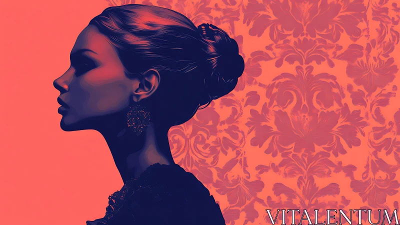 Profile portrait in coral duotone with ornate damask backdrop.