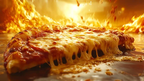 Pizza Slice with Melted Cheese Against Fiery Background