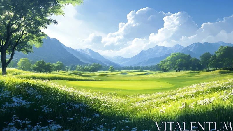 Algorithmically lit mountain-valley golf green in vernal bloom.