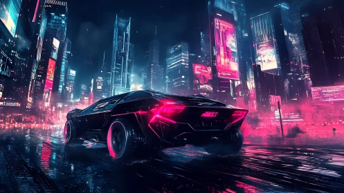 Cyberpunk neon supercar in rain-soaked megacity streetscape.