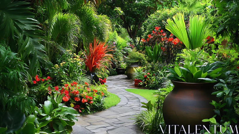 Lush tropical garden path with stone paving and urn planters.