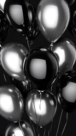Luminous Metallic Balloons Dance in Elegant Black and White.