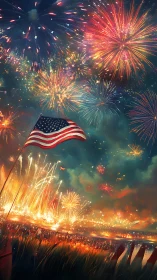 United States flag under dense patriotic fireworks display.