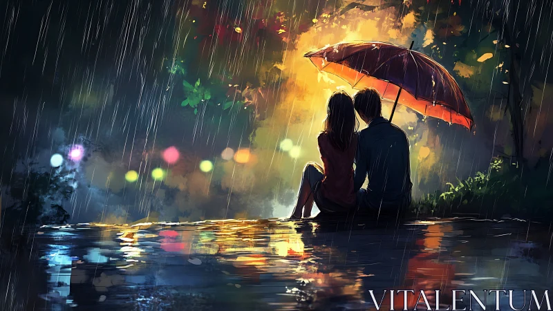 Two Hearts Share a Moment Under the Glowing Rain