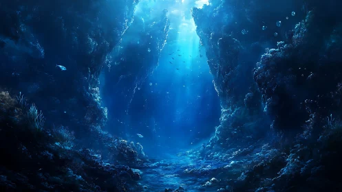 Sunlit abyssal canyon with shimmering blue seafloor.