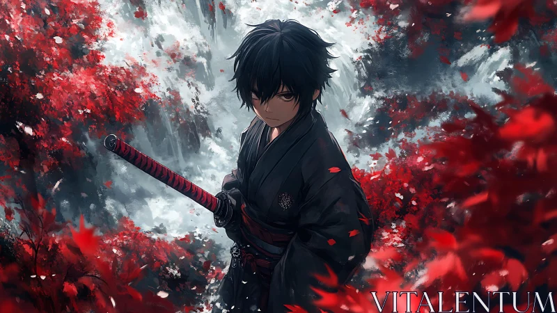 Black haired swordsman stands in red autumn forest