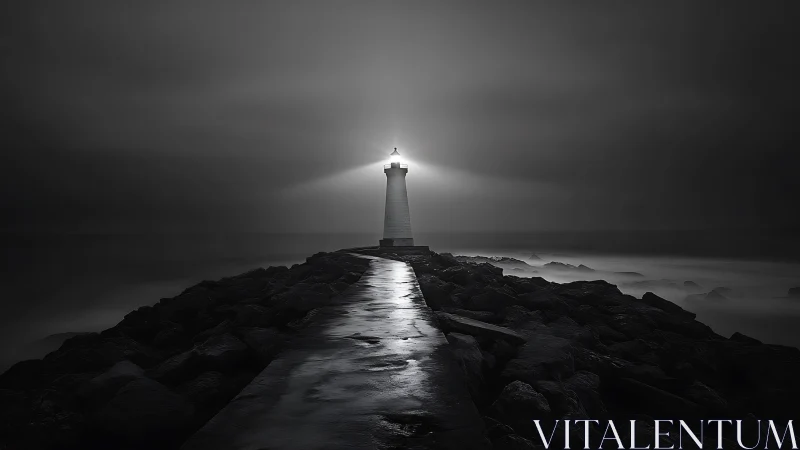 Monochrome lighthouse beam on wet jetty in long exposure night.