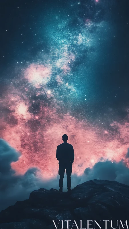 Silhouette on rocky ledge below dense star field at night.