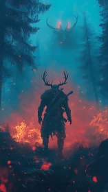 Digital painting of antlered warrior confronting forest wraith.
