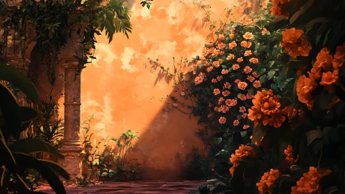 Sunlit courtyard wall with dense orange flowering vines.