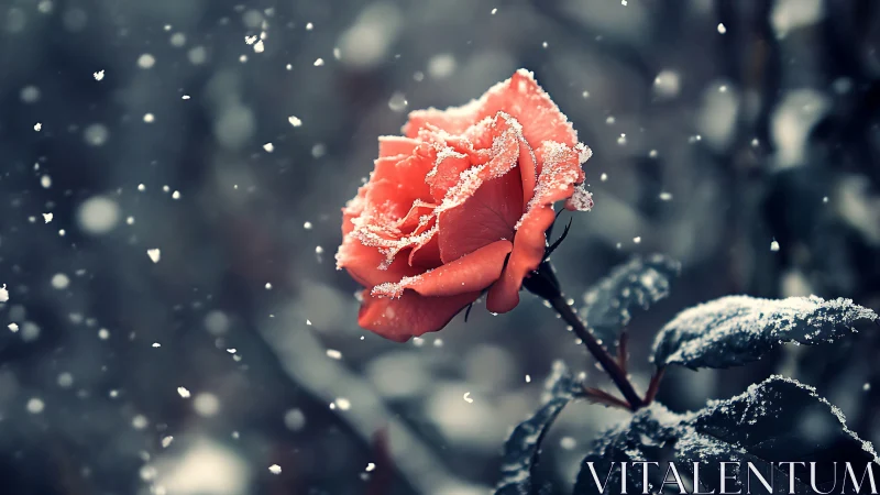 Crimson Rose Frosted in Winter's Crystalline Embrace.
