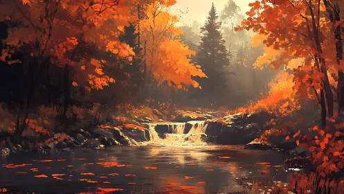 Autumn Forest Waterfall at Golden Hour.